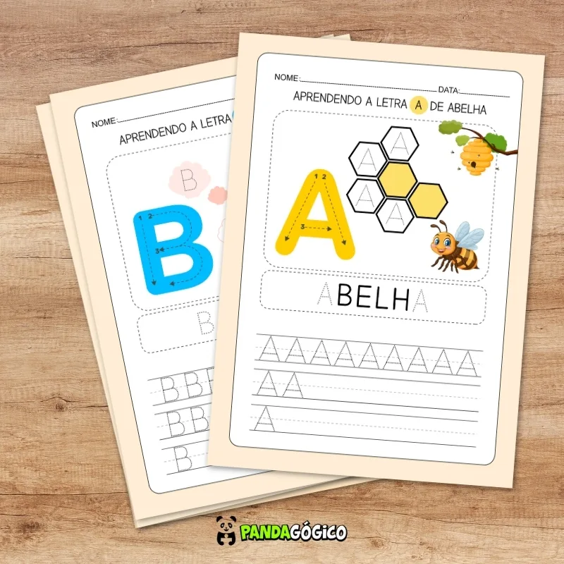 Cada página traz letras em pontilhado para praticar, reforçando a coordenação motora fina, o reconhecimento visual das letras e o hábito da escrita.
